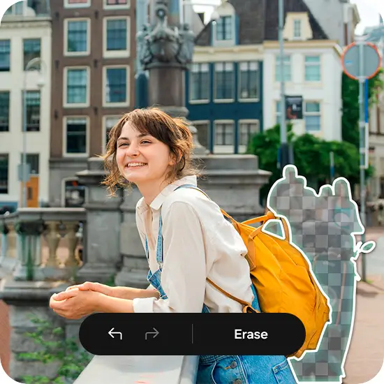 A young woman leaning on a bridge over a city river with people and objects in the background selected to be erased using the Object Eraser feature on Galaxy A37 5G.